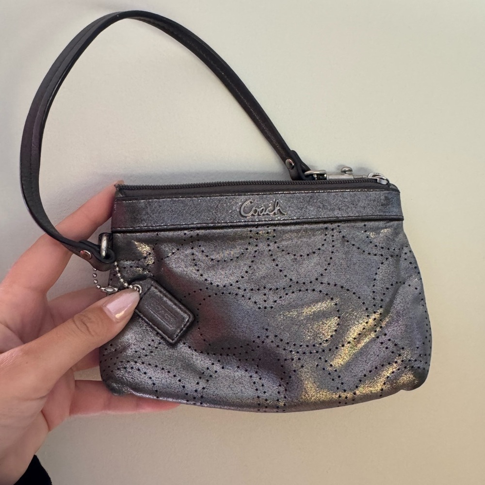 Coach Perforated C’s Leather Wristlet in Gunmetal (metallic silver)